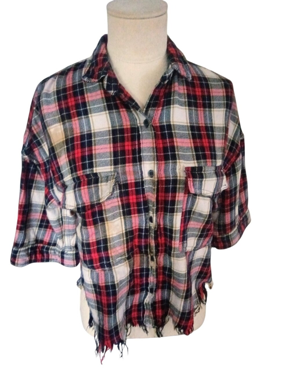 ZARA Trafaluc Collection Plaid Flannel Crop Top Fringe Hem 3/4 Sleeves Size XS